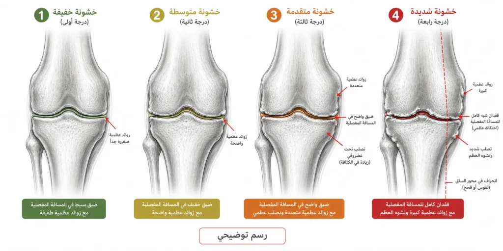 درجات خشونة الركبة الأربع بالصور على الأشعة