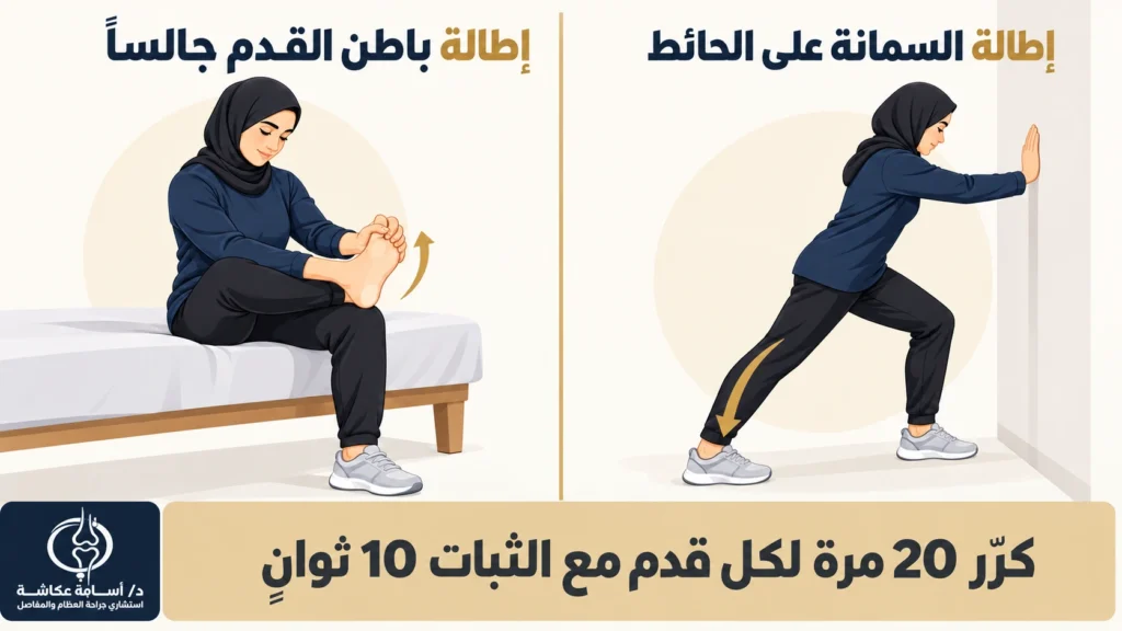 تمرين إطالة السمانة على الحائط وتمرين إطالة باطن القدم جالساً