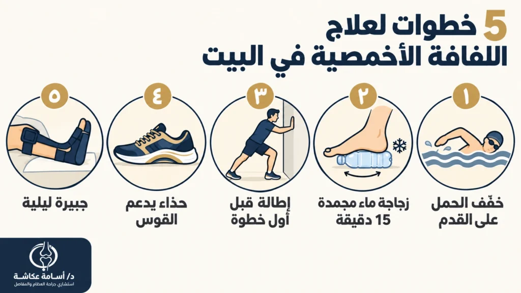 خمس خطوات منزلية لتخفيف التهاب اللفافة الراحة والثلج والإطالة والحذاء الداعم والجبيرة الليلية خمس خطوات منزلية لتخفيف التهاب اللفافة الراحة والثلج والإطالة والحذاء الداعم والجبيرة الليلية