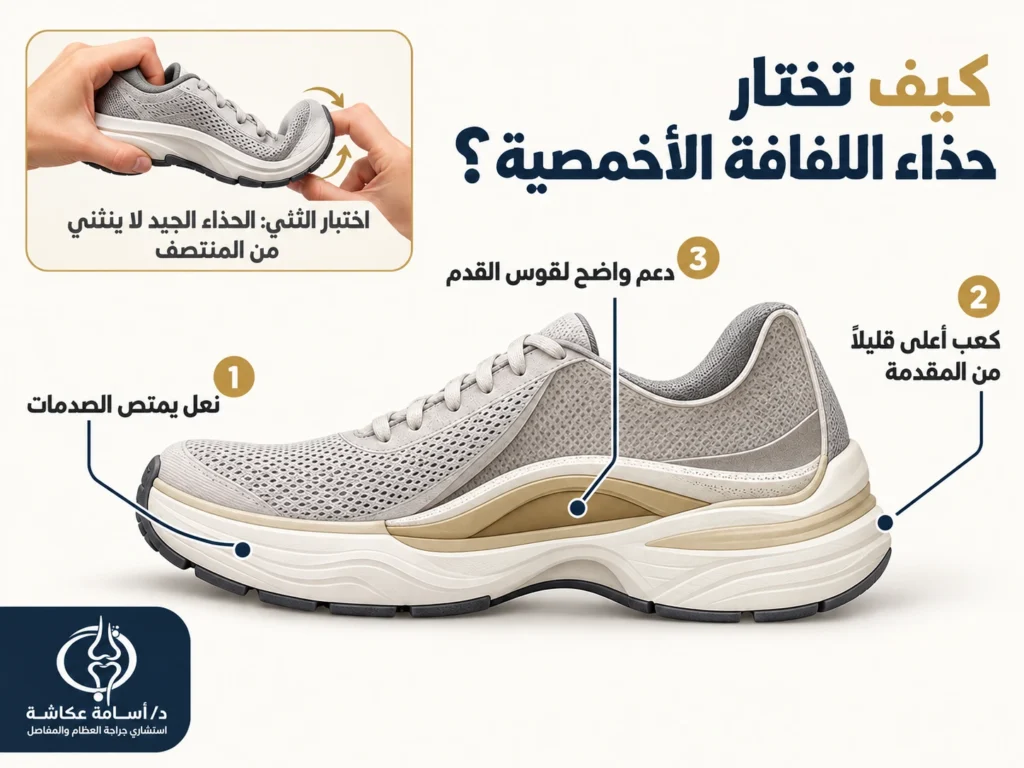 مواصفات الحذاء المناسب لألم الكعب نعل ممتص للصدمات وكعب مرتفع قليلاً ودعم لقوس القدم