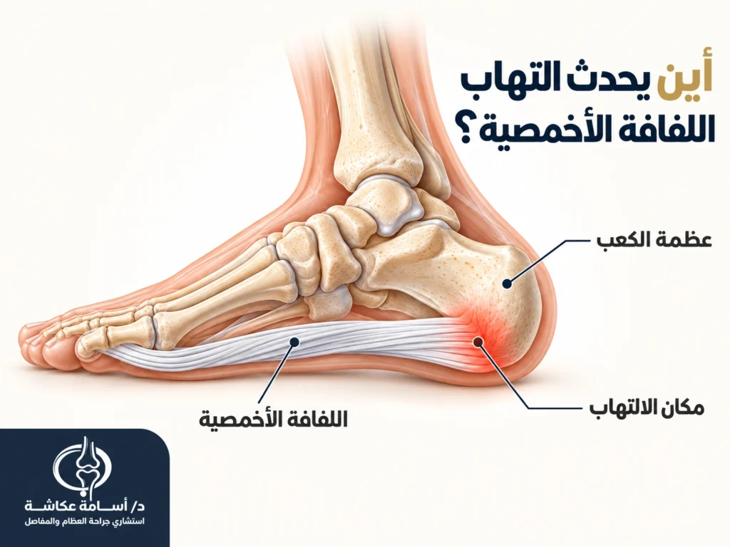 موضع اللفافة الأخمصية من عظمة الكعب حتى أصابع القدم ومكان الالتهاب